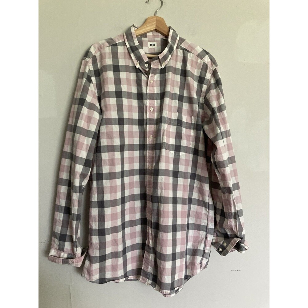 UNIQLO Men’s Button Down Plaid Shirt XL Pink Gray Long Sleeve 100% Cotton